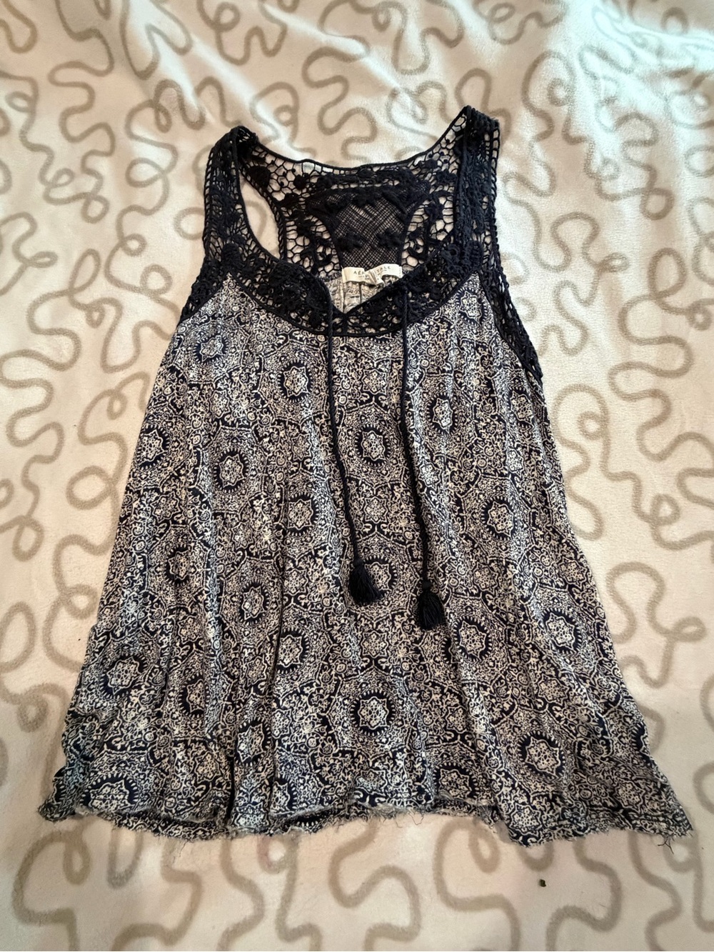 Aeropostale Navy and White Crochet Yoke Printed Tank